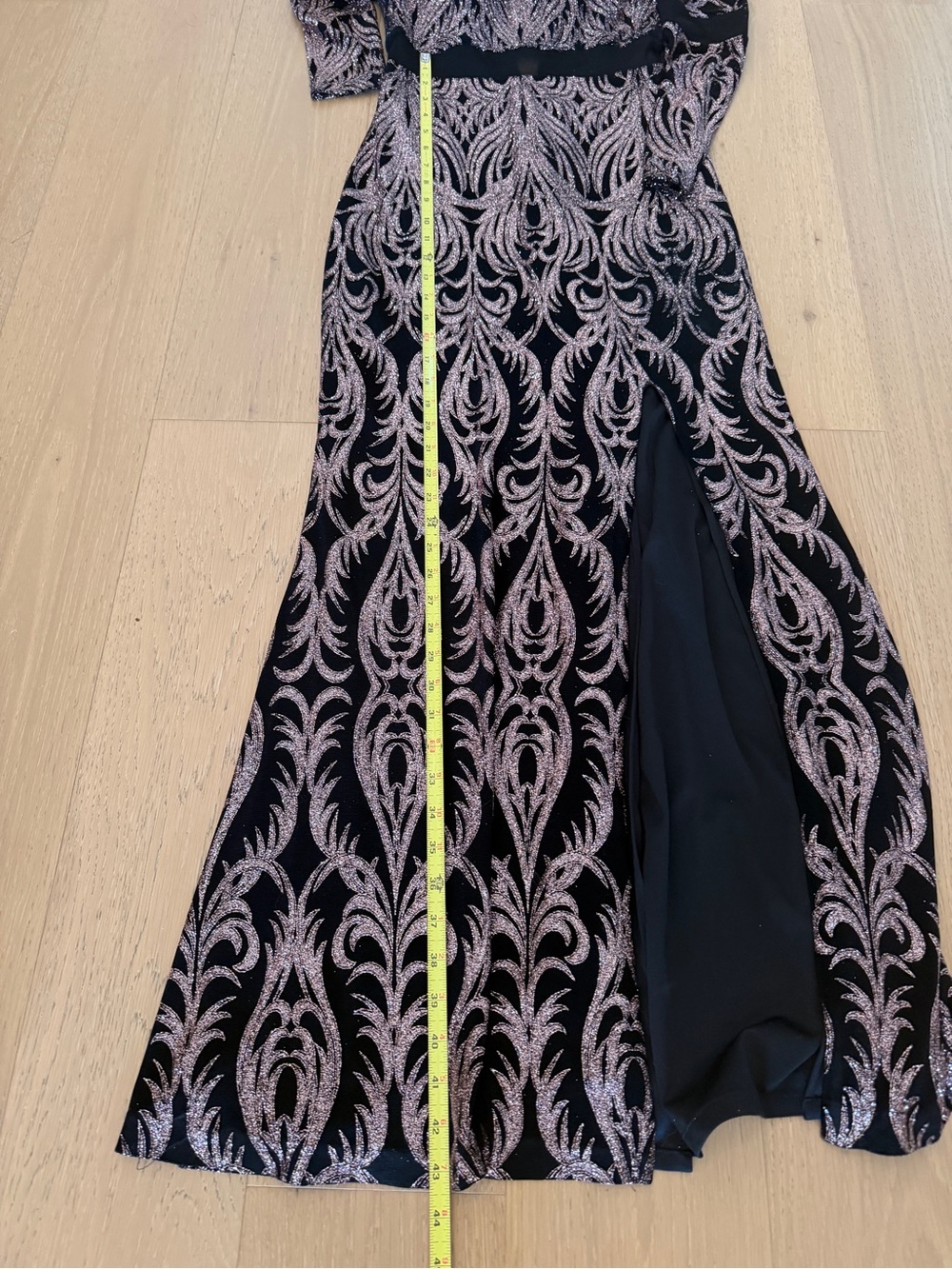 Betsy and Adam Long Sleeve Black and Rose Rose Gold Sparkle Evening Dress 4 - Picture 14 of 14